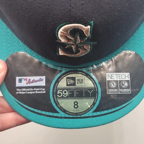 Seattle Mariners Navy Green Fitted Hat MLB New Era 59Fifty Cap Size 8 NE TECH - Picture 9 of 13